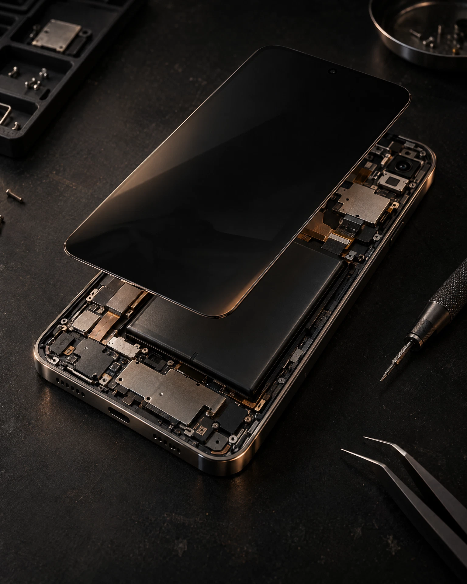 Precision smartphone components on a copper-lit engineering workbench