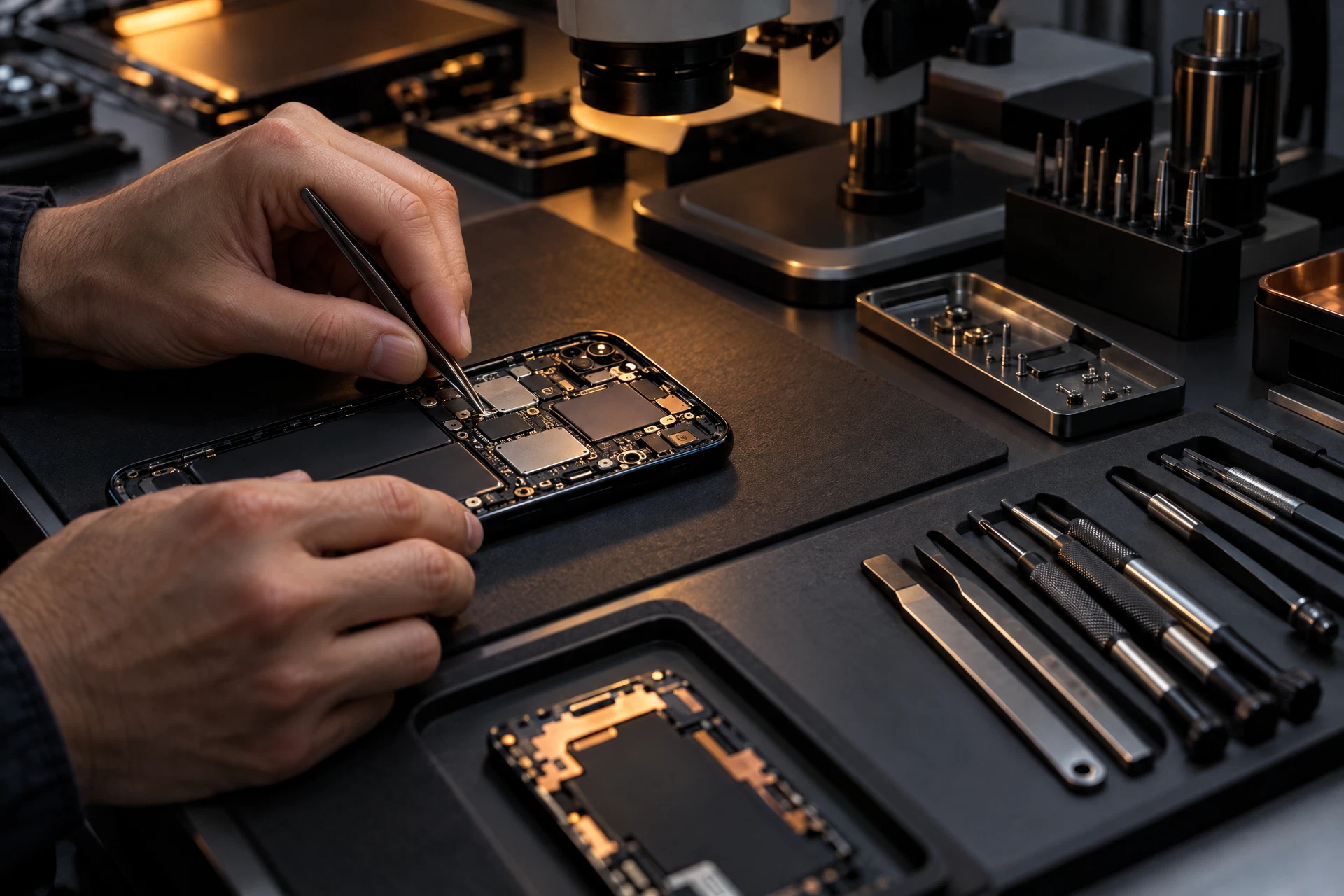 Illustration of a careful engineer repairing a smartphone circuit board with precision tools